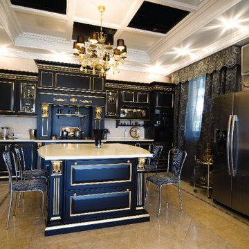 Royal Elegance: Blue & Gold European-Inspired Luxury Kitchen