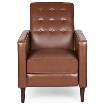 Comfortable Recliner Chair, Faux Leather Seat With Square Arms, Cognac Brown