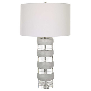 Stacked Crystal Wood Banded Table Lamp 28 in x 16 Two Tone Round Beige Clear