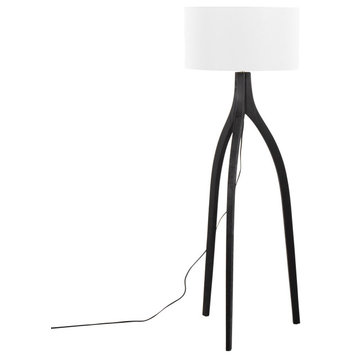 Wishbone Floor Lamp, Black Wood, White Fabric