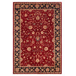 Bareens Designer Rugs - Classic Ziegler Debbra Red Blue Hand-Knotted Wool Rug - 6'2'' x 9'0'' - Enhance the ambiance of your home with this magnificent Persian-influenced Turkish hand-knotted rug made by skilled artisans capable of creating the most exceptional vegetable dyes and hand-spun wool. This exquisite handmade rug is a one-of-a-kind Peshawar Kafkaz, otherwise identified as Chobi, Chobi Peshawar, Oushak, or Ziegler rug. These handmade rugs are crafted in Pakistan utilizing superior-quality wool imported from Australia, New Zealand, and Korea in two types of weaves: the Persian weave and the Mori weave. This rug is meticulously crafted by hand using the finest natural vegetable dyes extracted from local plants. The artisans use a blend of hand-spun local and fine merino wool, resulting in a rug with a compelling texture, higher lanolin content, and longer staple. The artisans occasionally incorporate natural or artificial silk into the pile to enhance specific motifs. The finished product is an awe-inspiring execution of flawless design and an understated palette that exudes elegance.