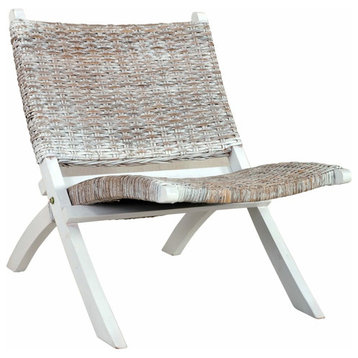 vidaXL Chair Camping Chair White Natural Kubu Rattan and Solid Wood Mahogany