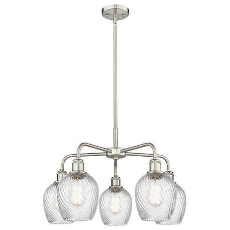 Salina 5-Light 23" Stem Chandelier, Satin Nickel With Clear Spiral Fluted Shade