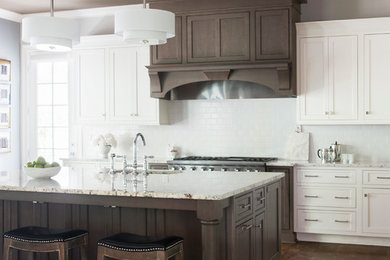 Large transitional l-shaped dark wood floor and brown floor open concept kitchen photo in Atlanta with shaker cabinets, an island, a single-bowl sink, white cabinets, granite countertops, white backsplash, subway tile backsplash and stainless steel appliances
