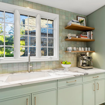 Mint Cabinetry Coffee Station + Green Tile