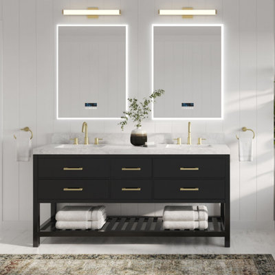 Arcadia Bath Vanity, Black Onyx, 60", Gold Hardware, Double Sink, Freestanding