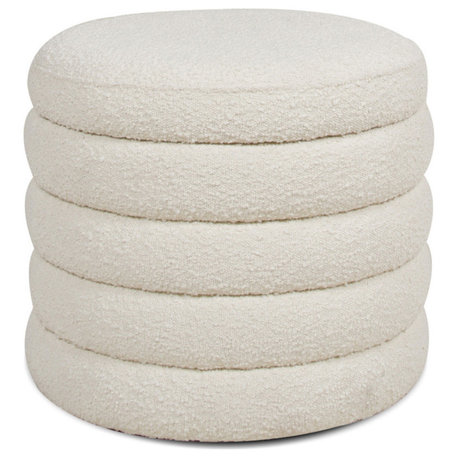 Fuji 19" Oversized Horizontal Tufted Round Storage Ottoman, Ivory White Boucle