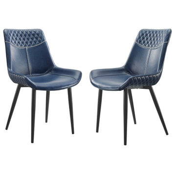 Linon Mabry Faux Leather Upholstered Set of Two Dining Chairs Steel Legs in Blue