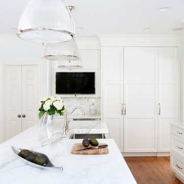 White Transitional Kitchen with Gray Island