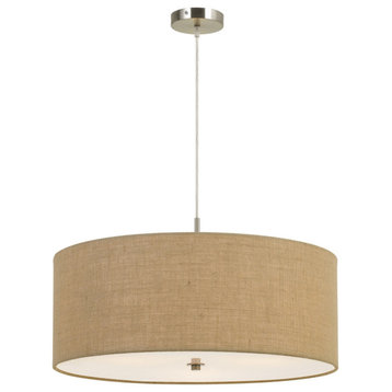 3 Bulb Drum Shaped Fabric Pendant Fixture With Diffuser, Beige