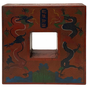 Chinese Distressed Brick Red Dragon Graphic Square Shape Box Hws2292