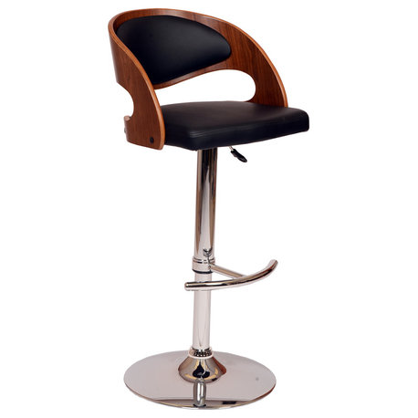 Pedro Swivel Barstool, Black PU/Walnut Veneer and Chrome Base