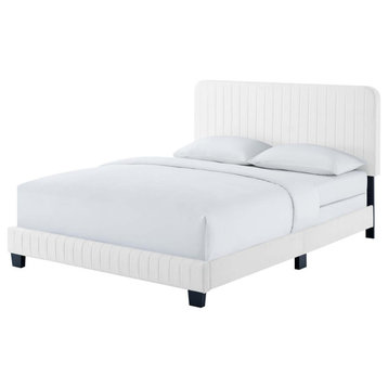 Tufted Platform Bed Frame, Full Size, Velvet, White, Modern Contemporary