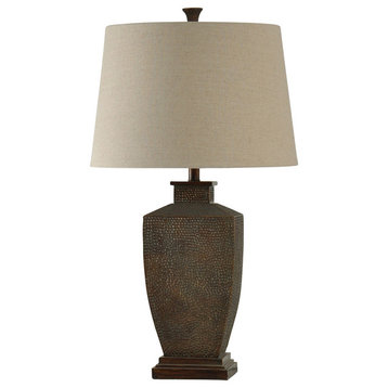 Hammered Metal Finish Table Lamp with Natural Linen Drum Shade