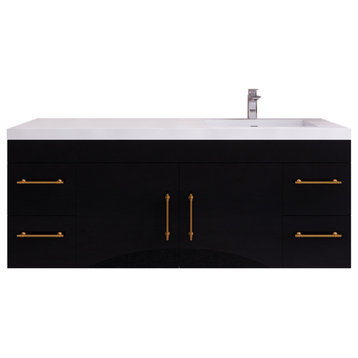 Rosa 60" Wall Mounted Vanity, Acrylic Sink, Right Side Sink, High Gloss Black