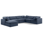 Meridian Furniture - Indulge Upholstered Modular U-Shaped Sectional, Navy, 7-Piece: 3 Armless Chair, 3 Corner Chair, 1 Ottoman, Down Stuffed Linen Textured Fabric - Experience ultimate comfort and style with our navy linen textured fabric Indulge Sectional. The luxurious linen texture of the fabric will elevate the aesthetic of any room. This sofa provides ample space for you to relax while its modular build offers the option of unlimited configurations. Whether you're looking to add a stylish element to your living room or a comfortable seating option to your bedroom, this sofa is the perfect choice.