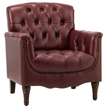 Transitional Genuine  Leather Armchair With Button Tufted, Burgundy