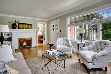 Example of an arts and crafts living room design in Seattle