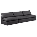 Meridian Furniture - Comfy Upholstered Modular Sofa, Black, 3-Piece: 3 Armless Chair, Vegan Leather - Give your space a whole new look with this black Comfy vegan leather sofa. This handsome sofa fits nicely with other items in the Comfy collection and is a versatile seating option designed for adaptability, comfort and style. Wrapped in rich black durable vegan leathered upholstery, this sofa offers a plush embrace of overstuffed down feather cushions, carefully crafted to deliver the highest level of comfort. The perfect seat for creating an oasis for relaxation, this sofa has thick foam surrounding its frame for added support and coziness.