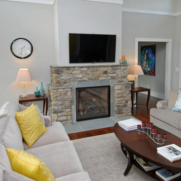 Contemporary Farmhouse Stone Fireplace and Wood Floors