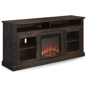 60" TV Stand Console With Shelves and 18" Fireplace, Brown