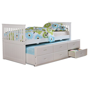 Phillips Twin Size Captain Bed with Trundle Bed & 3 Drawers, White