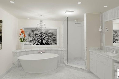 Inspiration for a large modern u-shaped medium tone wood floor open concept kitchen remodel with an undermount sink, glass-front cabinets, dark wood cabinets, granite countertops, multicolored backsplash, glass tile backsplash, stainless steel appliances and two islands