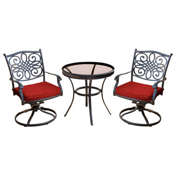 Traditions 3-Piece Swivel Bistro Set, Red With a 30" Glass-top Table