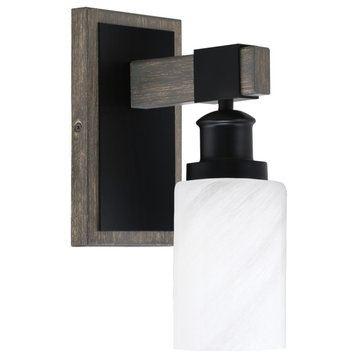 Tacoma Wall Sconce Matte Black & Painted Distressed Wood-Look 4" White Marble