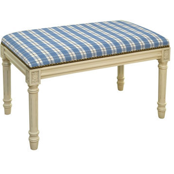 Bench Backless Antique White Wash Blue Plaid Antiqued Upholstery