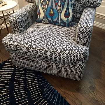 Blue and white Transitional Family Room