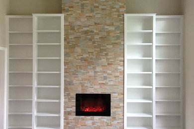 Living room - contemporary formal dark wood floor living room idea in Indianapolis with a hanging fireplace, a tile fireplace and a wall-mounted tv