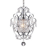 Edvivi Lighting - Amorette 1-Light Chrome Glam Lighting Mini Pendant Chandelier With Crystals - Small fixture, big fashion is the Amorette Chrome Finish's motto. In one diminutive light, the Amorette Chrome Finish has curlicue wrought iron arms and is dripping in shimmering crystal baubles and garland. The one-bulb chandelier measures 15 inches tall with a 39-inch adjustable chain, and its classic design leaves your room with a soft, warm glow.