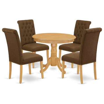 5Pc Dining Set, Small Round Table, Four Chairs, Dark Coffee Fabric, Oak Finish