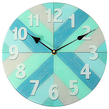 11in Round Glass colored Wall Clock- Faux Wood Planks Cut Style