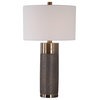 Textured Metallic Gold Bronze Cylinder Table Lamp | Ceramic Mid Century White