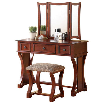 Poundex Wooden Makeup Vanity Set Desk, Mirror And Stool - Cherry, 43 W X...