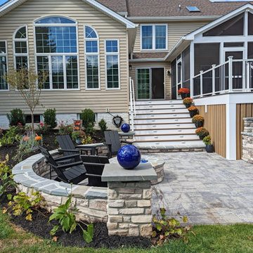 Porch, TimberTech Tigerwood Deck Mocha Border, Paver Patio, Firepit, Lighting