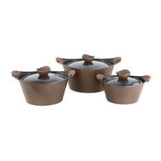 Caia 3-Piece Die-Cast Non-Stick Marble Coated Stockpot Set, Glass Lids, Coffee