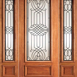 Designer Iron Scrollwork Glass, Mahogany Prehung Door Two Sidelite - Front Doors