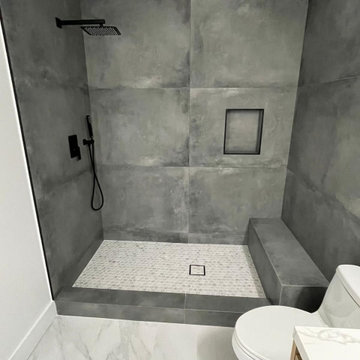 Walk-In Shower With Tiled Bench and Pebble Mosaic Floor, Phoenix AZ