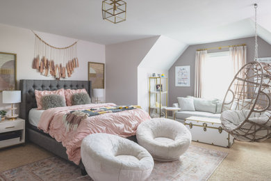 Classic teen’s room for girls in Atlanta with white walls, carpet and beige floors.