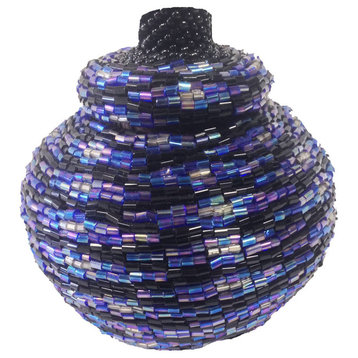 Manggis Handwoven Art Glass Basket, Blues Black Diamond