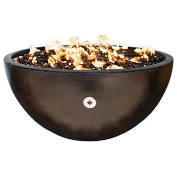 36" Concrete Fire Bowl, Dark Bronze, Turquoise Fire Glass Filling, Natural Gas
