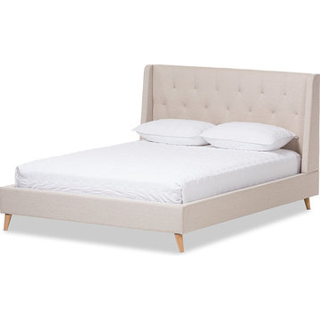 Adelaide Retro Modern Light Beige Fabric Upholstered King Size Platform Bed
