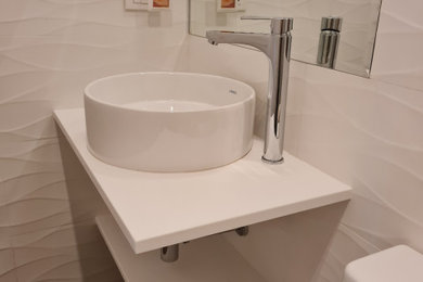 Inspiration for a coastal 3/4 bathroom remodel with open cabinets and a floating vanity