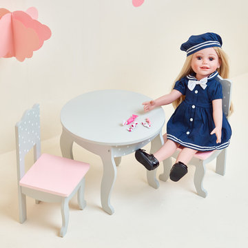 Olivia's Little World - 18 inch Doll Furniture - Table and Chair Set(Grey Polka)