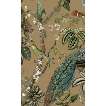 Climbing Peacock & Climbing Florals Printed Tropical Wallpaper 57 Sq. Ft., Gold, Double Roll