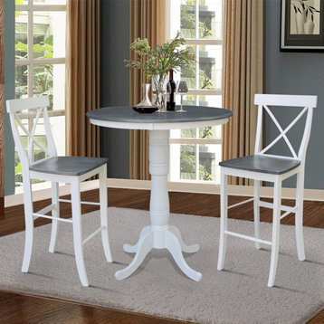 36" Round Pedestal Bar Height Table With Bar Height Stools, White/Heather Gray