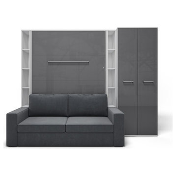 Wall Bed With Sofa, 2 Cabinets, Wardrobe, Full XL, White/Gray/Gray